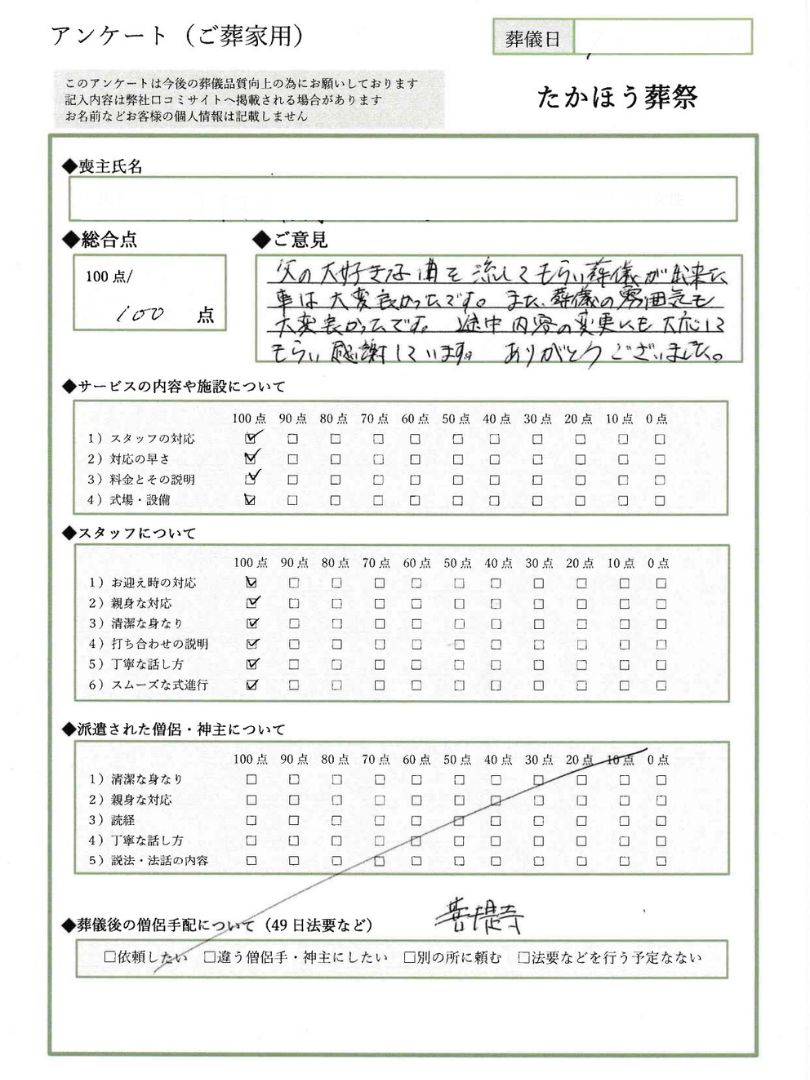 板橋区にあるたかほう葬祭に対するアンケート